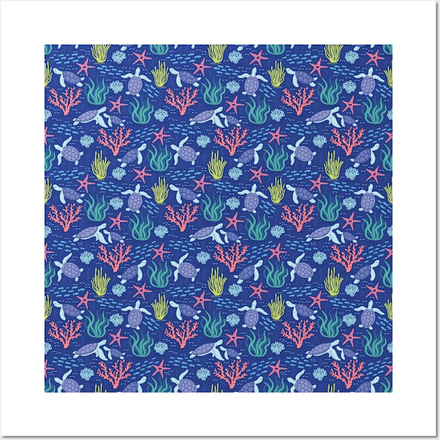 Blue sea turtle underwater ocean pattern Wall Art by Elinora